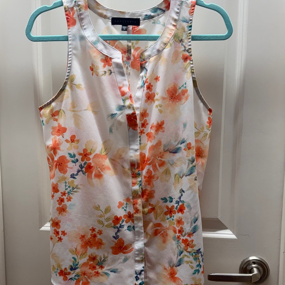 Sanctuary Floral Sleeveless Blouse - White with Orange and Teal Floral